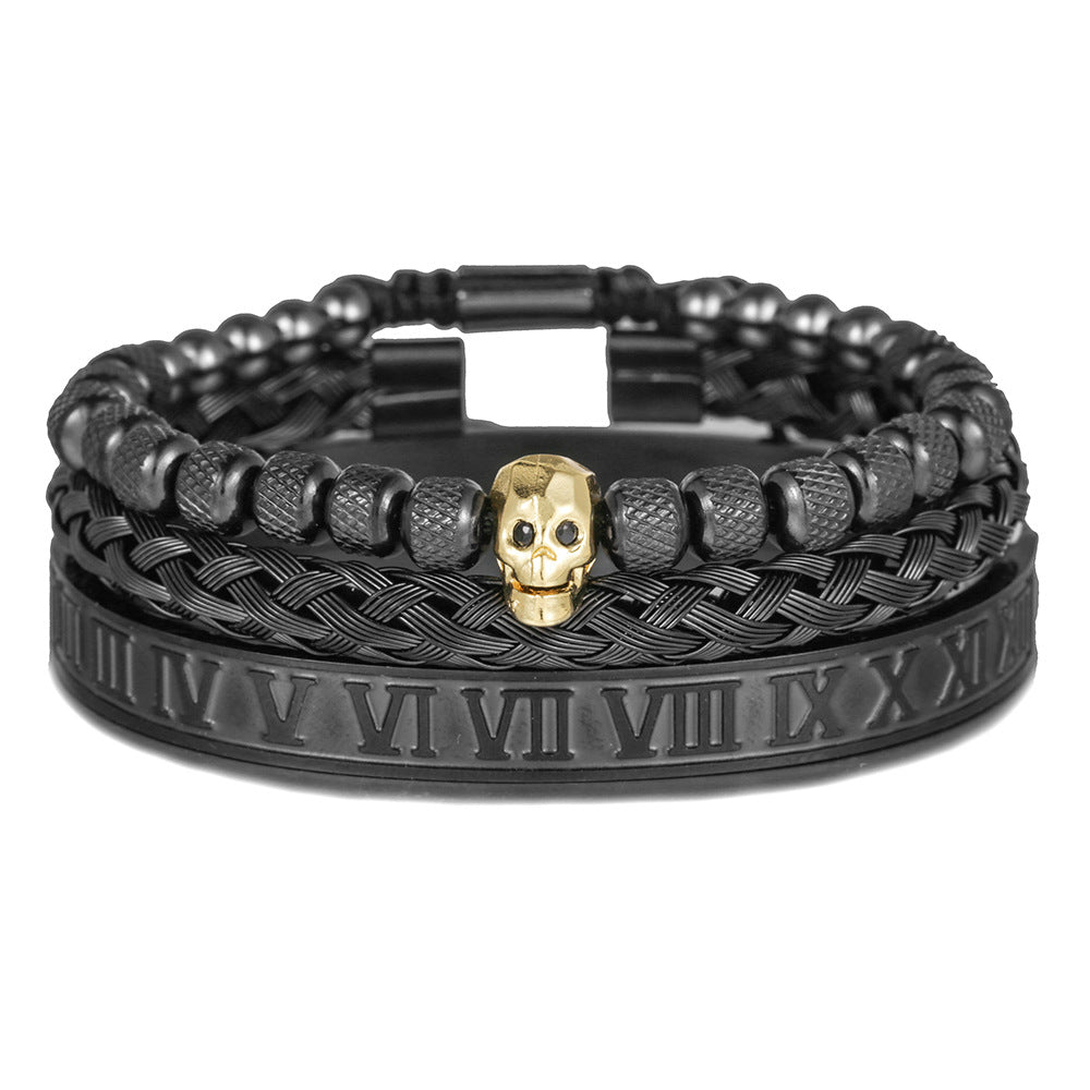 Vintage Streetwear Skull Letter Number Braided Titanium Steel Bracelet with Cubic Zirconia