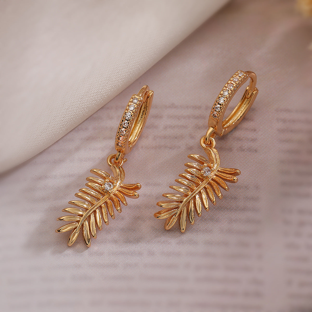 Minimalist Feather-Shaped Copper Pendant Earrings with Real Gold Plating and Zircon Inlay for Women