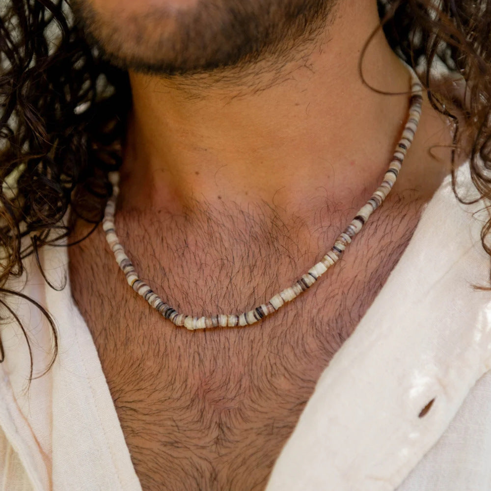 Vintage Men's Geometric Round Shell Handmade Ball Chain Necklace