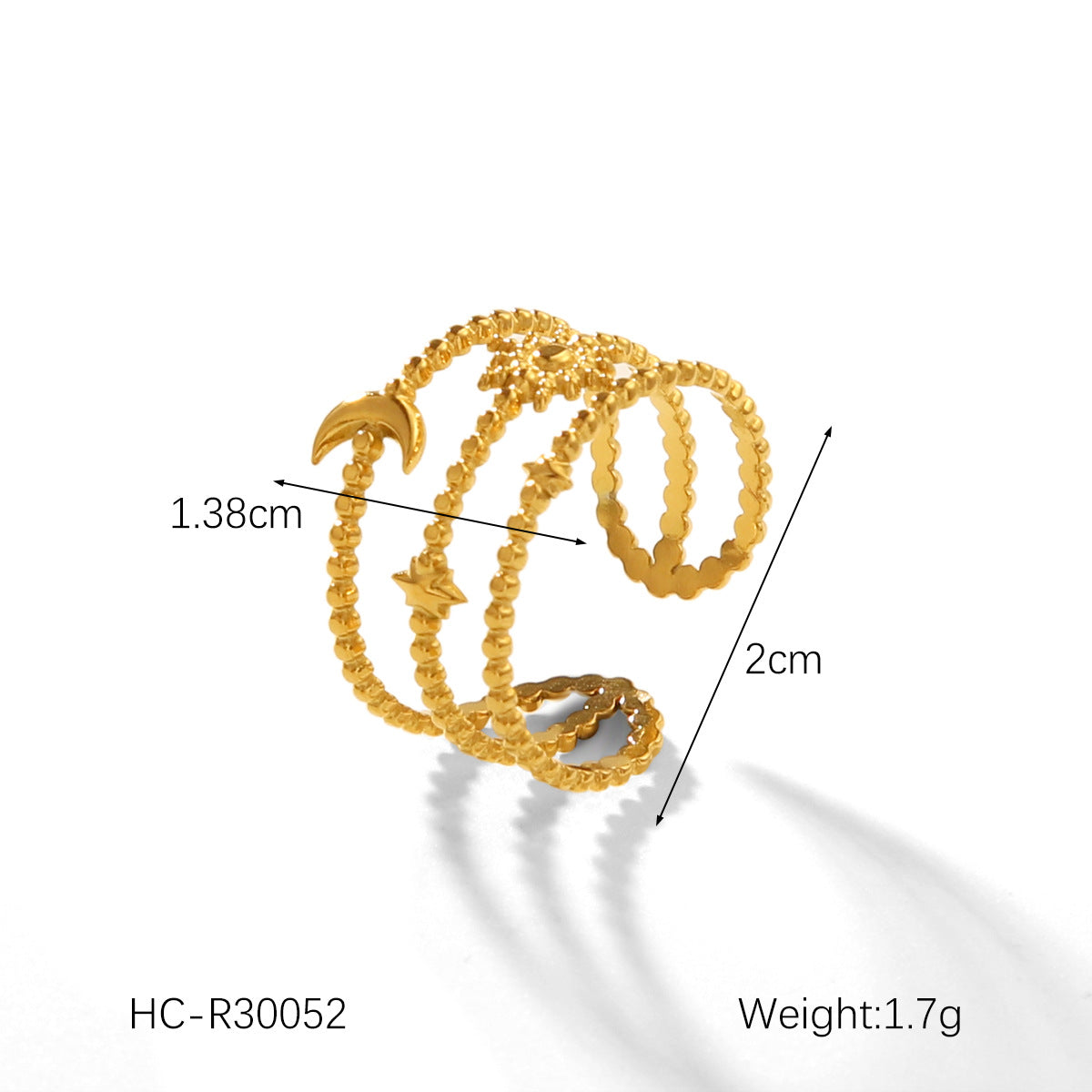 Fashion Geometric Star and Moon Open Ring 18K Gold Plated Stainless Steel Women Jewelry