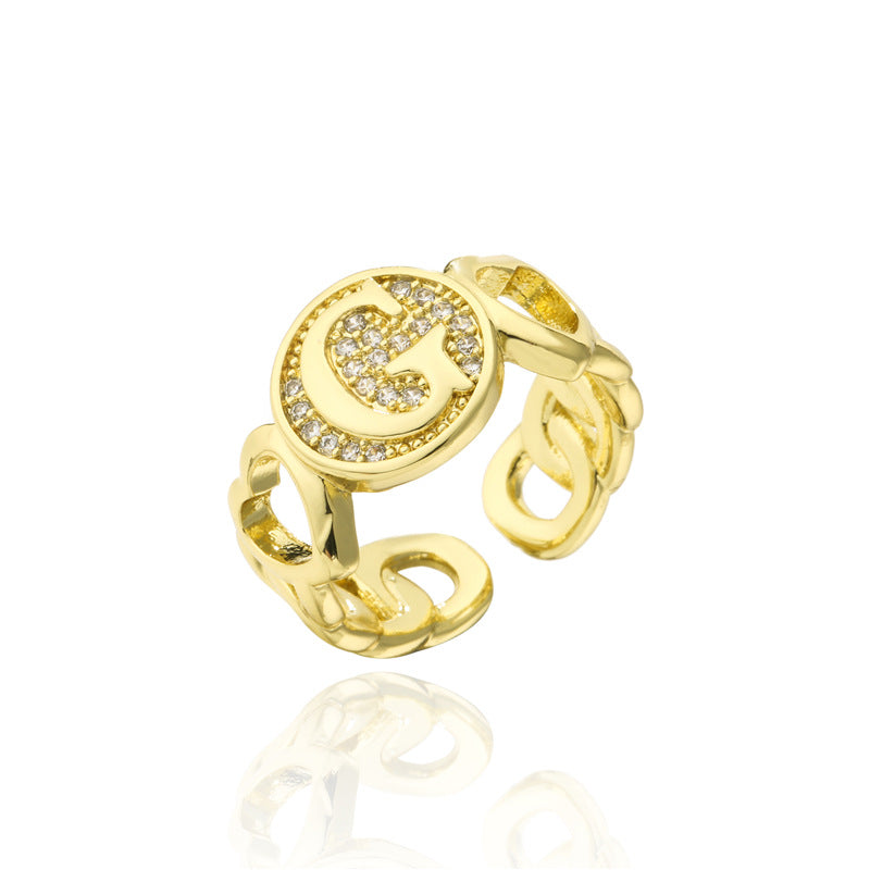 18K Gold Plated Brass Micro-Paved Cubic Zirconia Heart Letter Cuban Link Chain Open Ring for Women