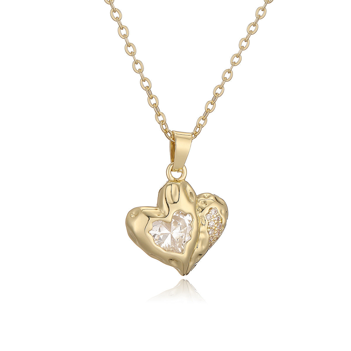 Minimalist Double Heart Shaped Copper Necklace with Real Gold Plating and Zircon Inlay for Women