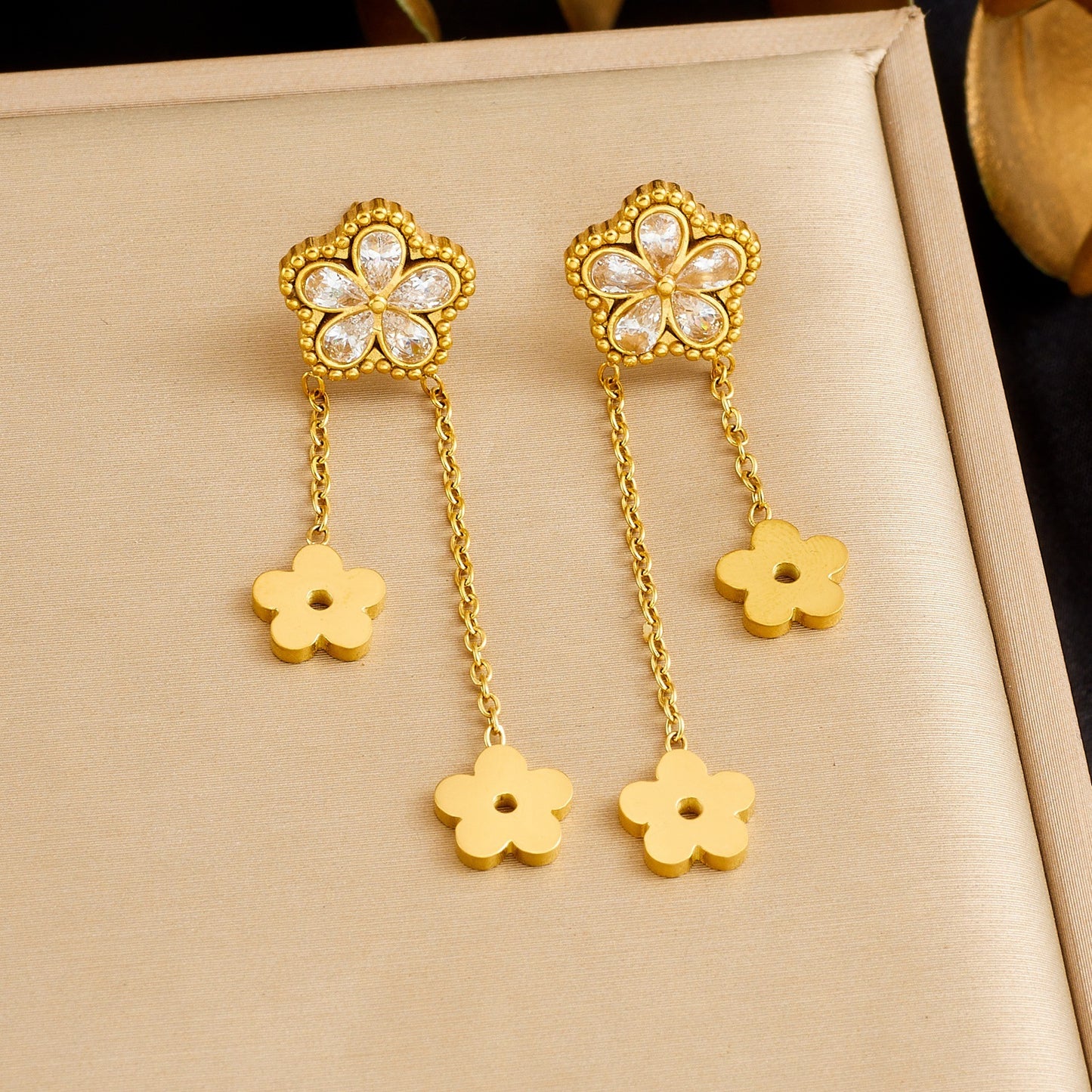 Minimalist Gold Plated Stainless Steel Floral Rhinestone Tassel Drop Earrings for Women
