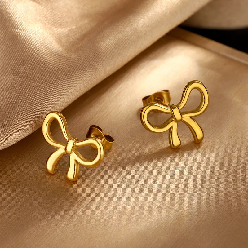 Elegante Parure di Collana e Orecchini con Fiocco in Acciaio Inossidabile Placcato Oro 18K da Donna