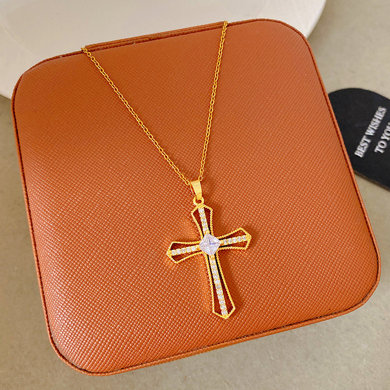 Sporty Sweet 18K Gold Plated Cross Titanium Steel Necklace with Cubic Zirconia for Women