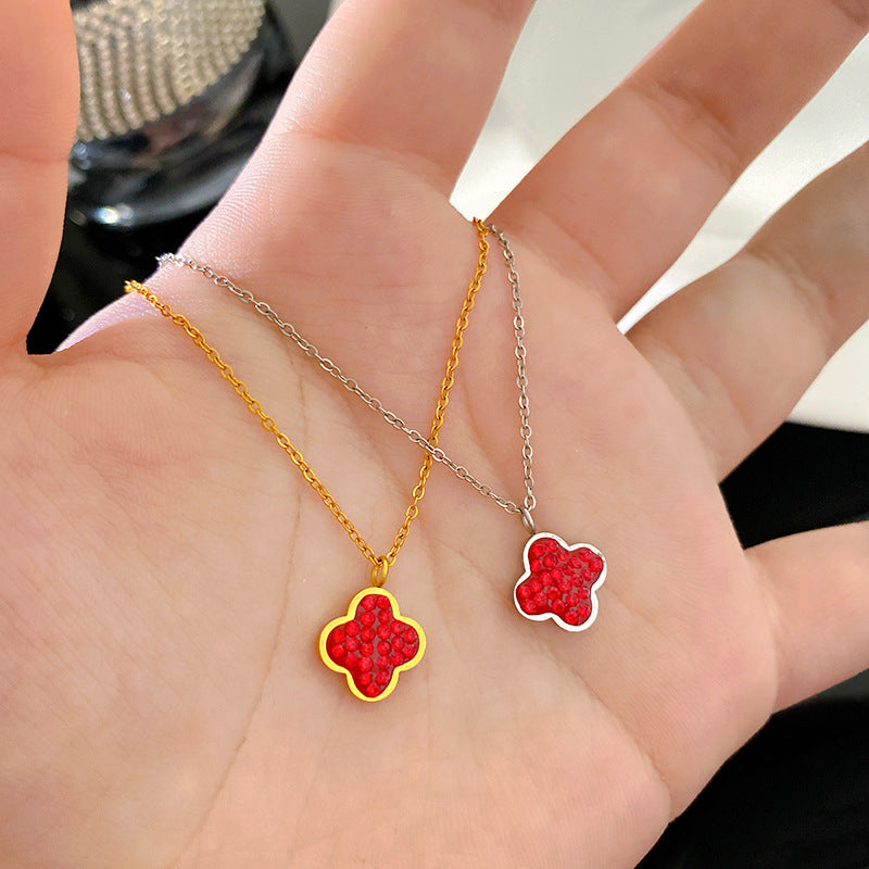Elegant Micro-Set Cubic Zirconia Red Geometric Titanium Steel Necklace for Unisex
