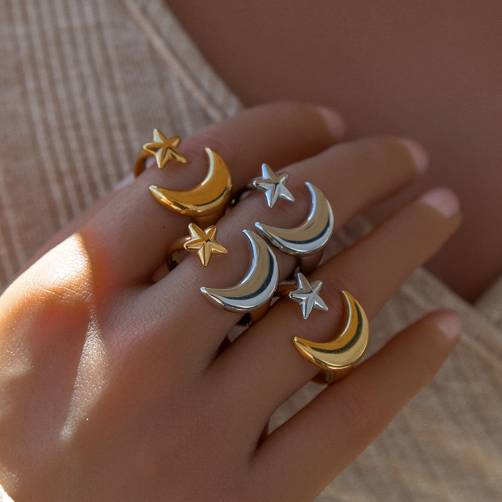 Anillo Abierto Ajustable Minimalista de Acero Inoxidable con Forma de Estrella y Luna con Baño de Oro para Mujeres y Hombres