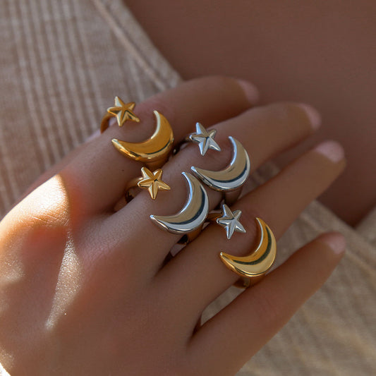 Minimalist Star and Moon Shaped Stainless Steel Adjustable Open Ring with Gold Plating for Women and Men