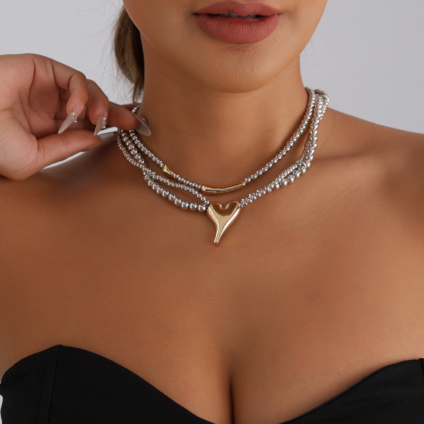 Luxury Sweet Heart Geometric Alloy Plated Beaded Layered Necklace for Women