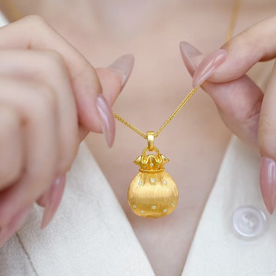 Vintage Gold Plated Brushed Brass Fortune Bag Necklace Unisex