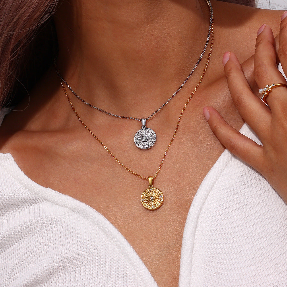 Minimalist Geometric Compass Pendant Necklace in Stainless Steel with Rhinestone Inlay for Women