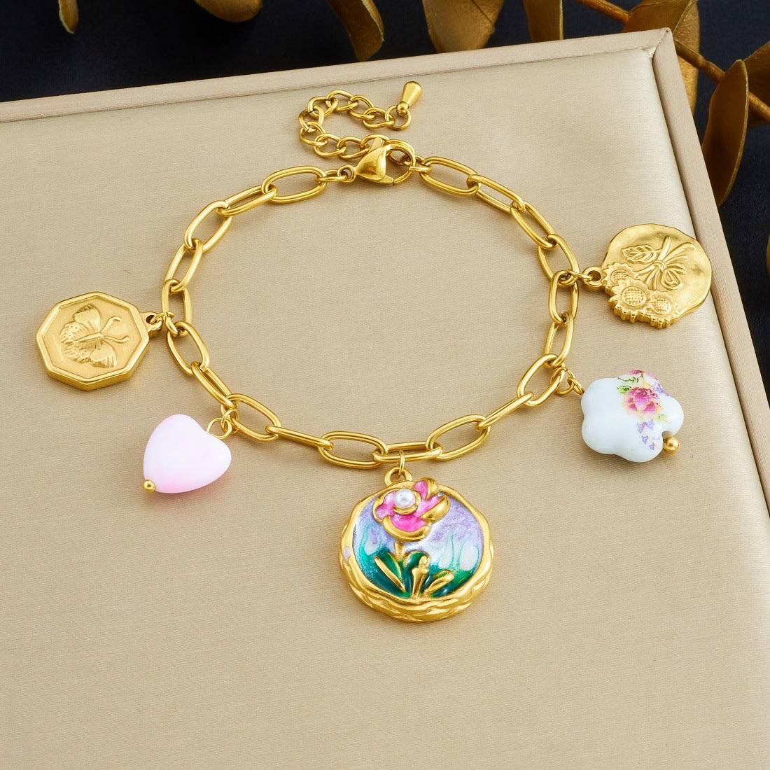 Vintage Elegant Gold Plated Enamel Round Flower Butterfly Stainless Steel Necklace and Bracelet Set for Women