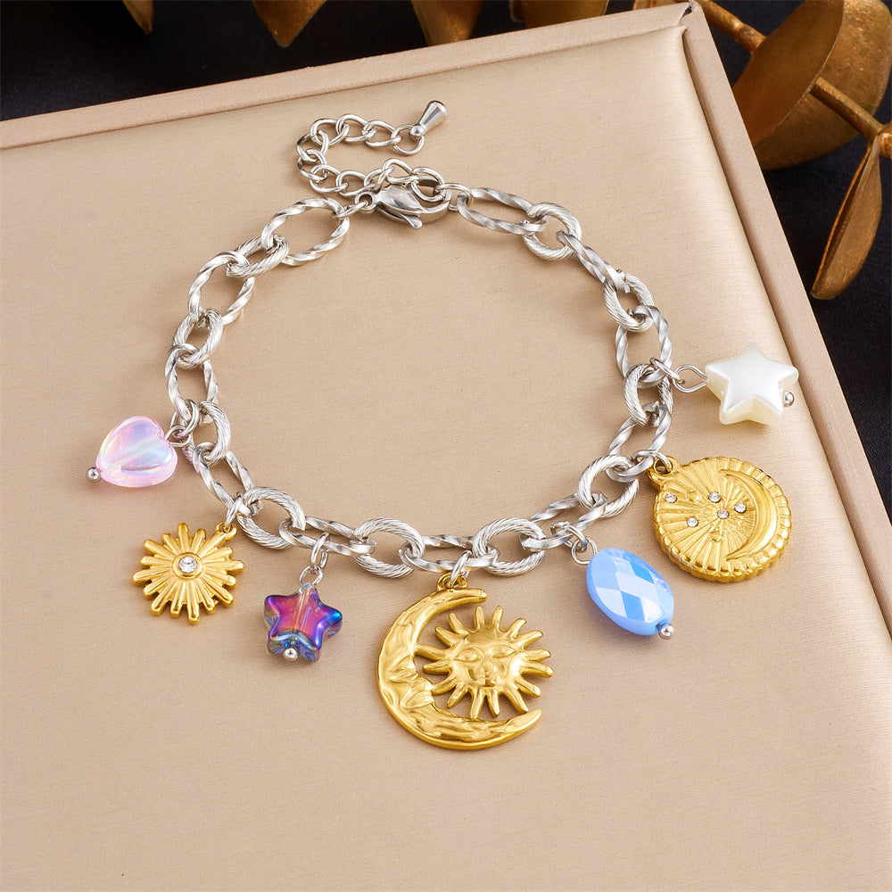 Fashion Elegant Drip Oil Plated Stainless Steel Bracelet with Tulip Moon Star Heart Floral Geometric Charms for Women