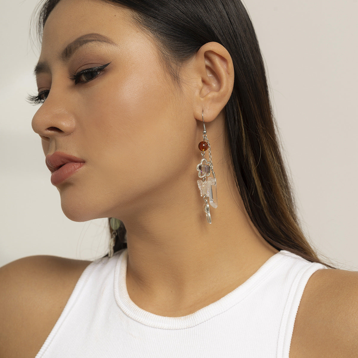 Sweet Vintage Butterfly Flower Teardrop Crystal Acrylic Alloy Plated Earrings with Tassel for Women