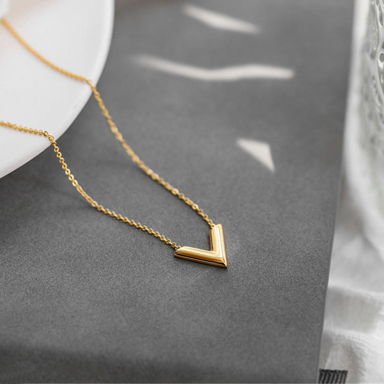 Minimalist Letter V Titanium Steel Pendant Necklace for Women with Plated Finish and Snake Chain