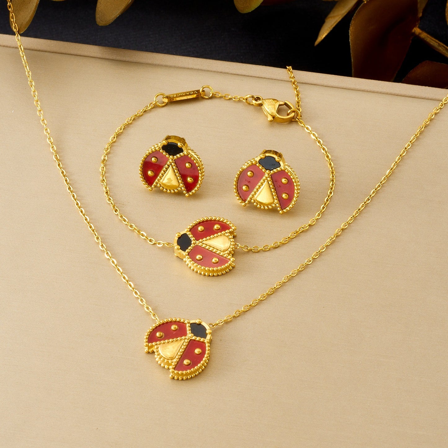 Ladybug Drip Oil Plated Stainless Steel Pendant Jewelry Set for Women