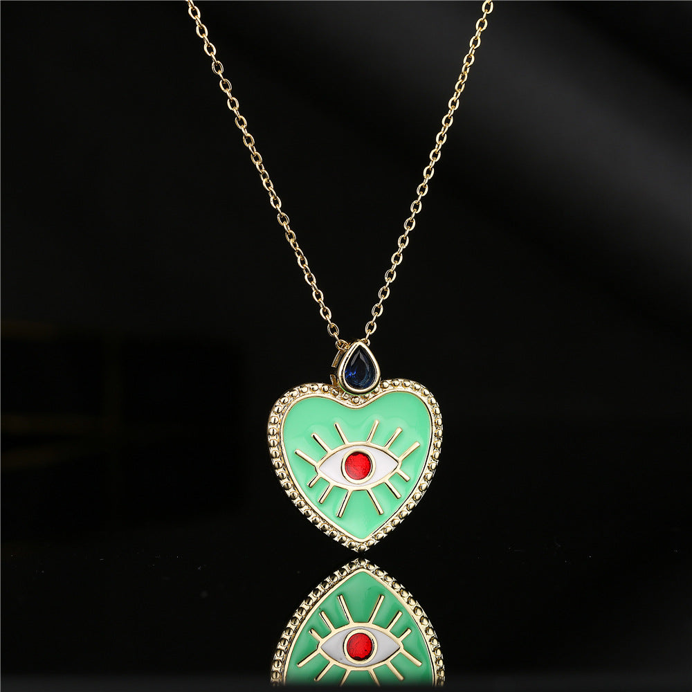 Heart Geometric Drip Oil Gold Plated Brass Necklace with Cubic Zirconia Pendant 45cm Cable Chain