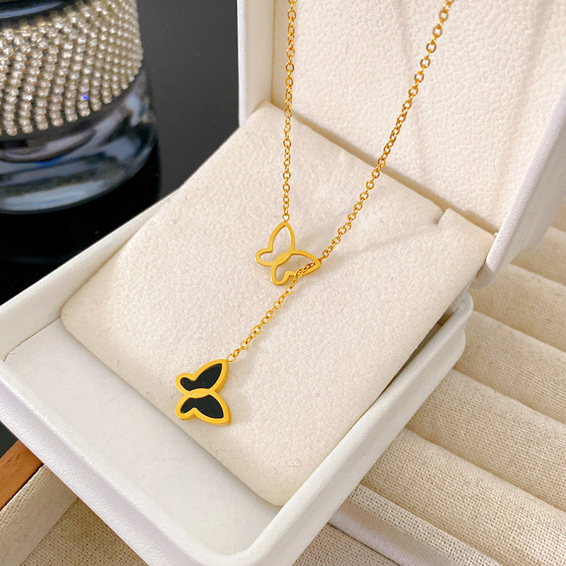 Vintage Gold Plated Butterfly Titanium Steel Necklace Adjustable Collarbone Chain Unisex