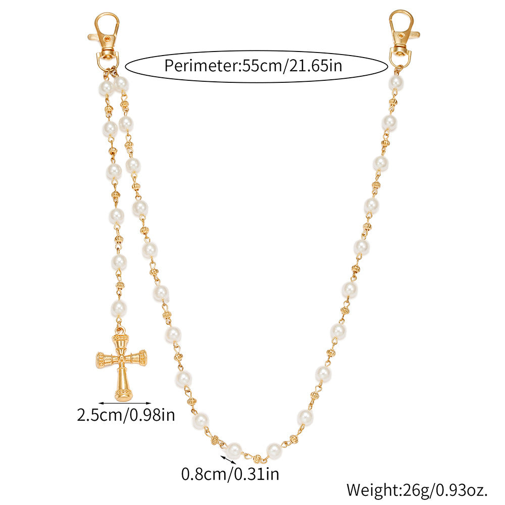 Punk Hip-hop Cross Pearl Rhinestone Polished Zinc Alloy Waist Chain for Men and Women