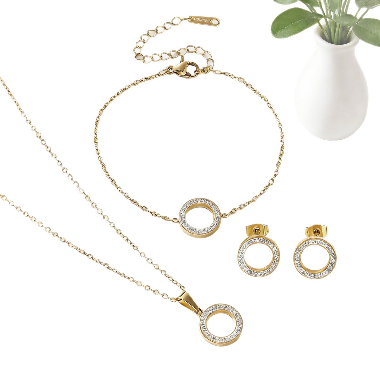 Set di gioielli minimalista geometrico rotondo in acciaio inossidabile placcato con zirconia cubica e catena a cavo per donna