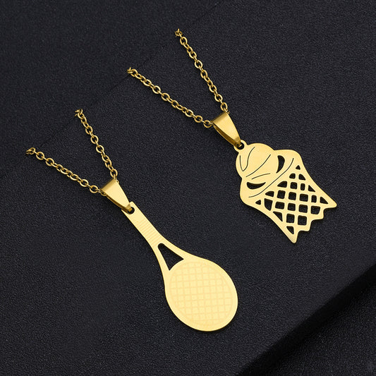 Collana Unisex Alla Moda con Ciondolo Geometrico a Dente di Racket da Basket/Tennis in Acciaio Inossidabile con Dettagli in Acciaio al Titanio e Finitura Elettroplaccata