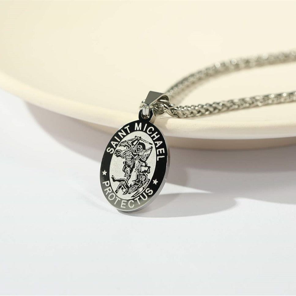 Minimalist Geometric Saint Michael Medal Pendant Necklace for Women in Stainless Steel with Plated Finish