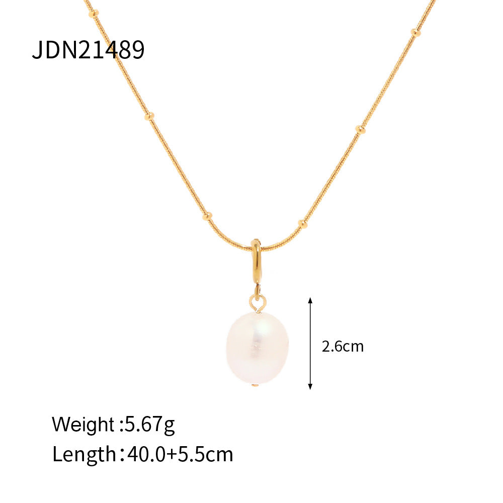 Minimalist Geometric Titanium Steel Necklace with Natural Pearl Pendant and Electroplated Finish for Women