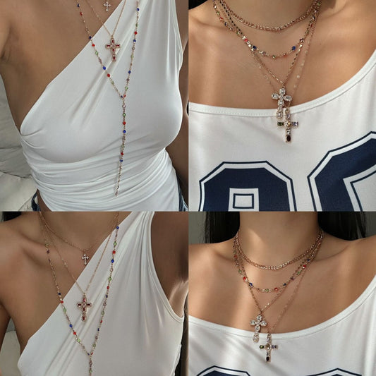 Hip-hop Casual Rhinestone Crystal Inlaid Cross Alloy Pendant Necklace Colorful Chain Set for Women