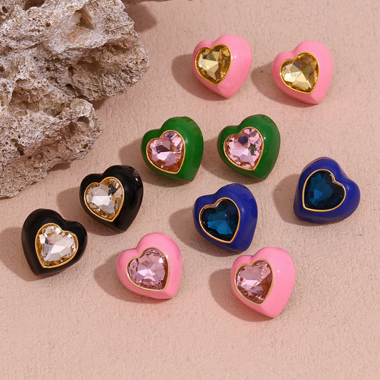 Pendientes de Acero Inoxidable en Forma de Corazón con Baño de Oro de 18K y Acabado Esmaltado para Mujer