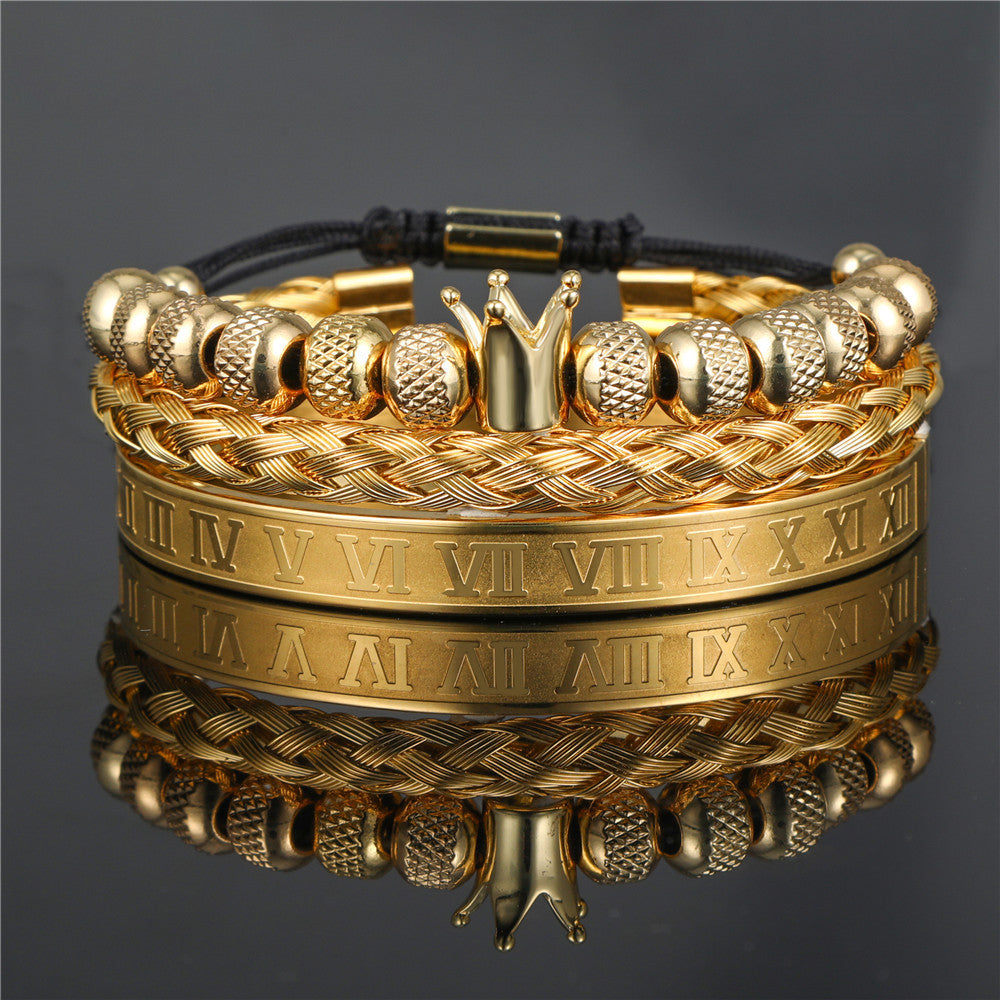 Vintage Crown Geometric Micro-inlay Stainless Steel Mesh Open Cuff Bracelet Set for Unisex