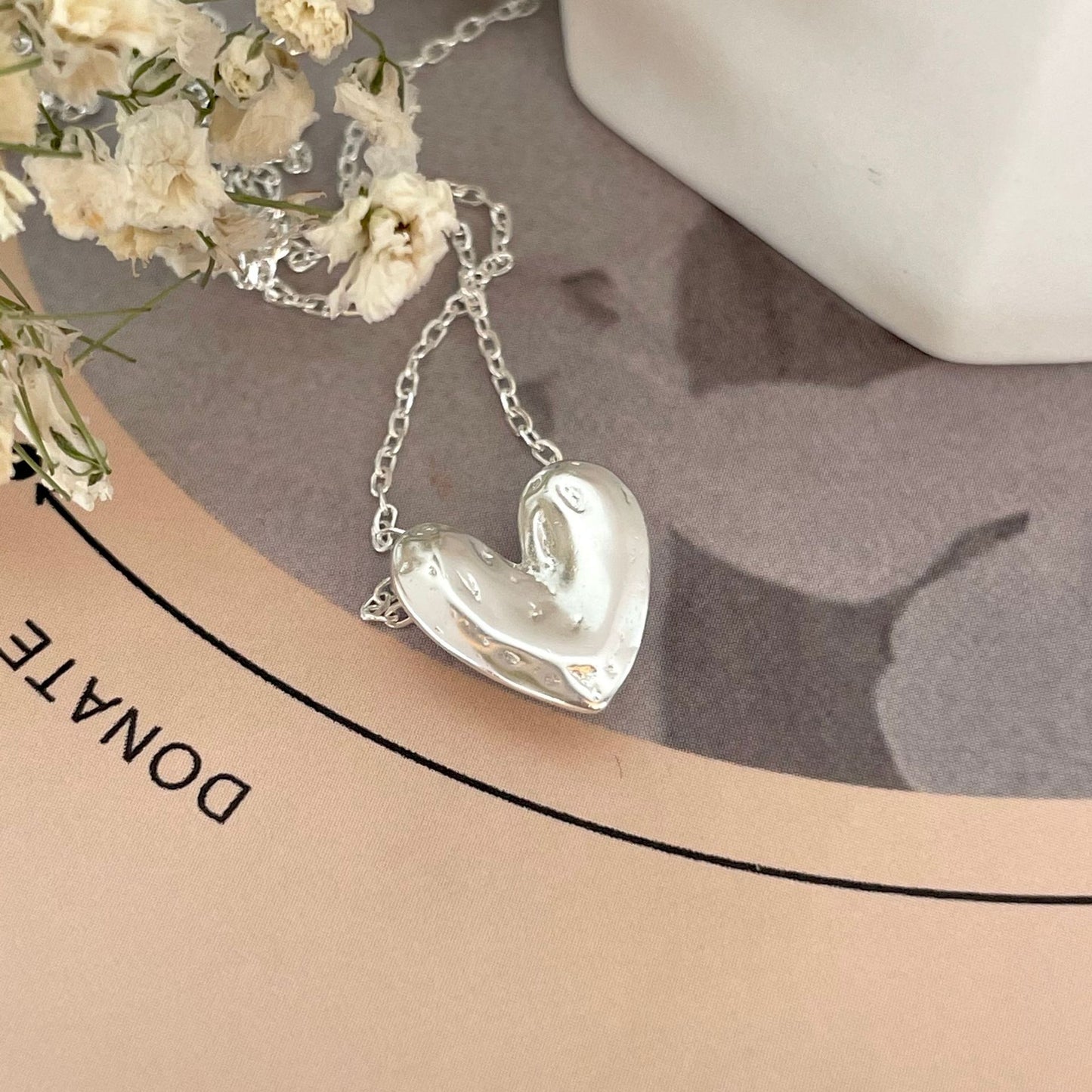 Minimalist Matte Heart-Shaped 925 Sterling Silver Necklace with Irregular Chain for Women
