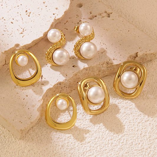 Fashion Minimalist Geometric Round Square Hollow Bead Plated Stainless Steel Earrings for Women