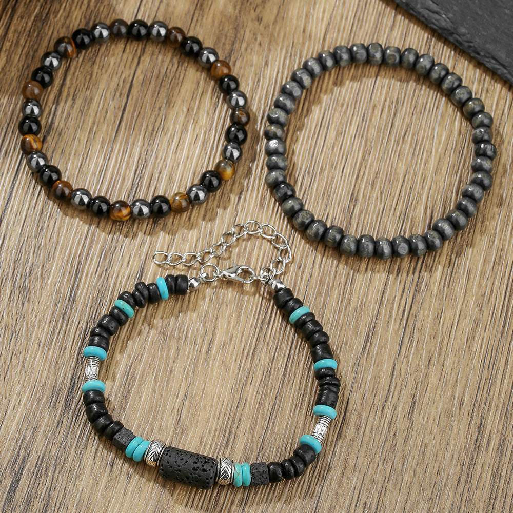 Vintage Round Wood Beaded Bracelet with Turquoise Inlay Unisex Multi-Layer Set