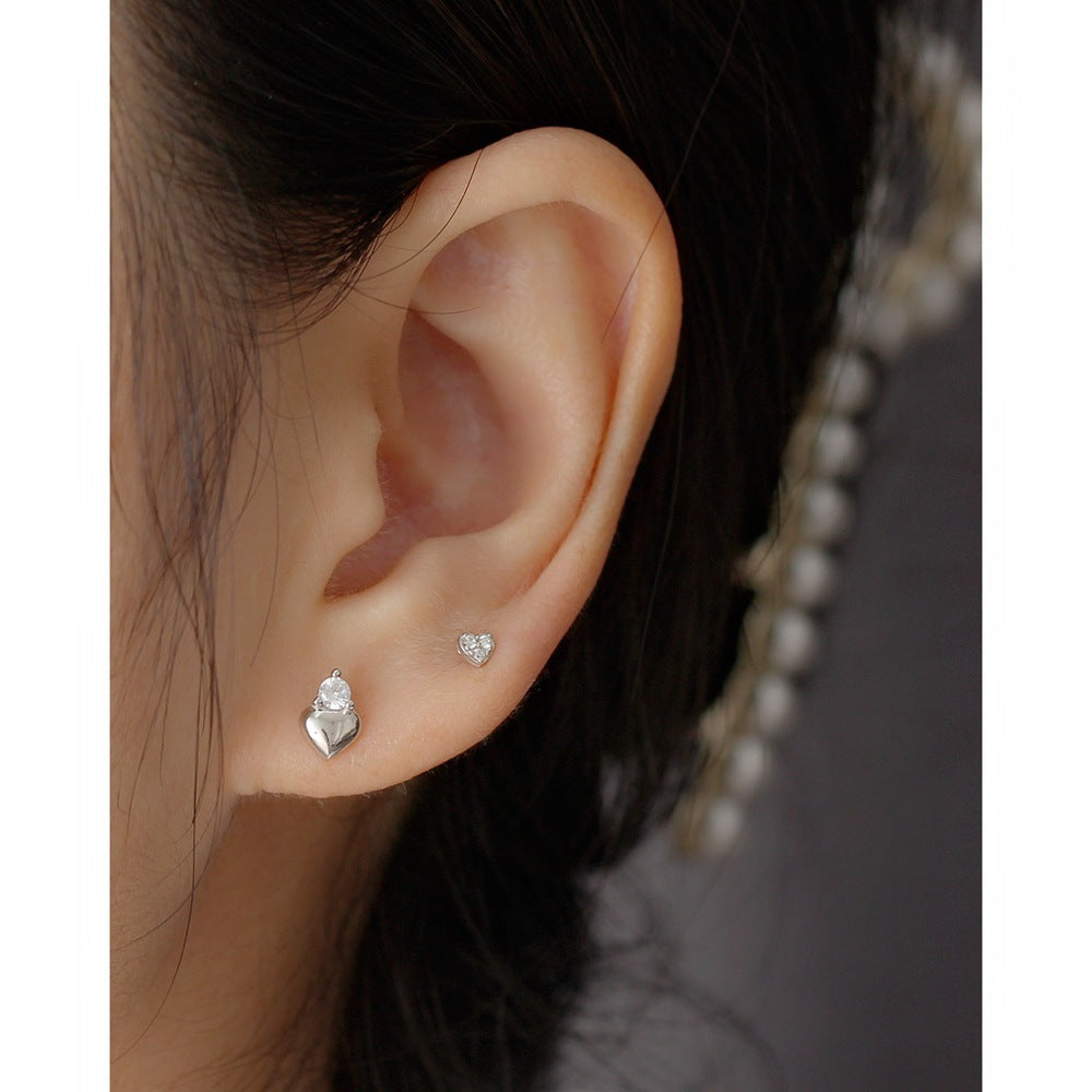Sweet Minimalist 925 Sterling Silver Heart Inlay Rhinestone Stud Earrings for Women