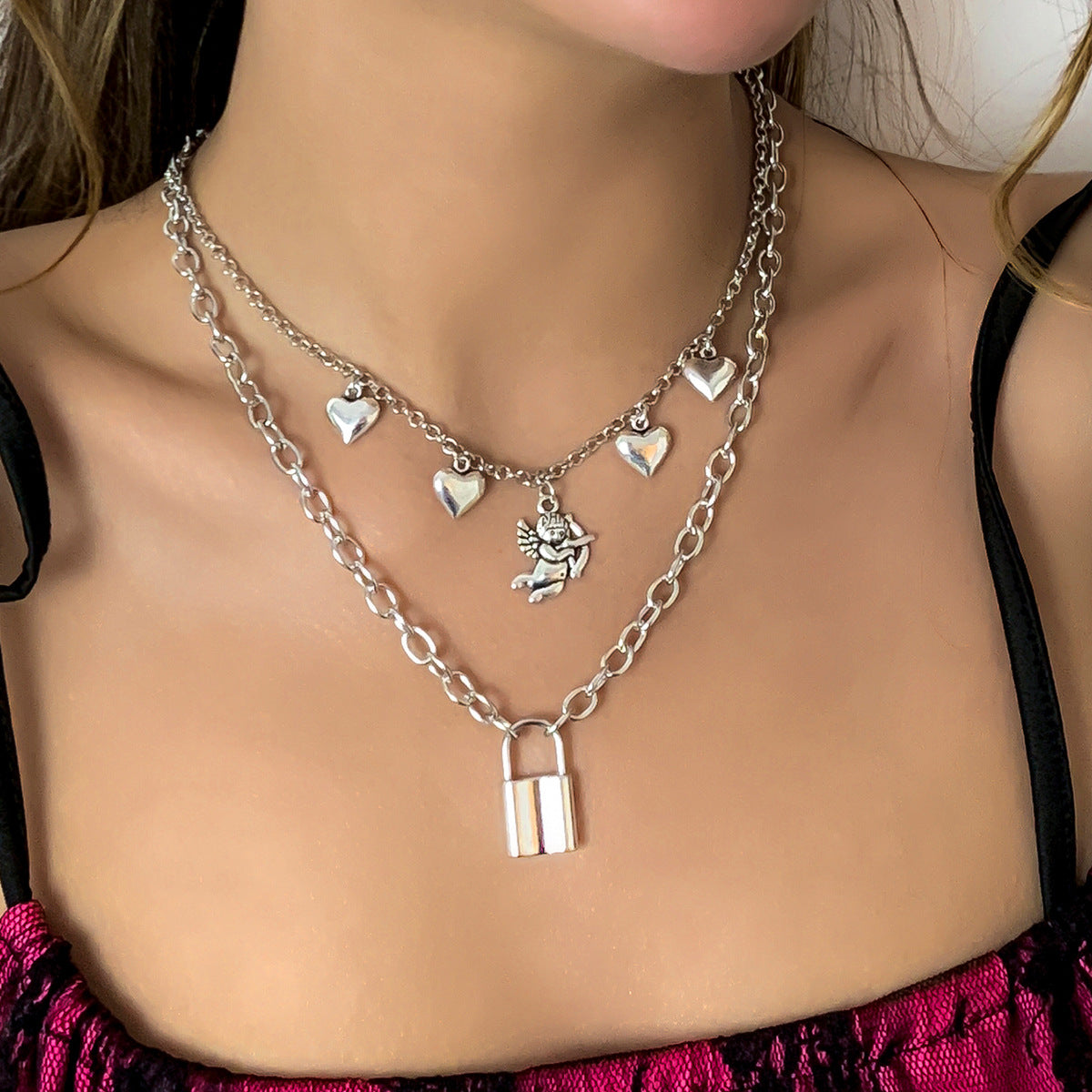 Minimalist Alloy Plated Lock and Heart Pendant Necklace with Curb Chain for Women