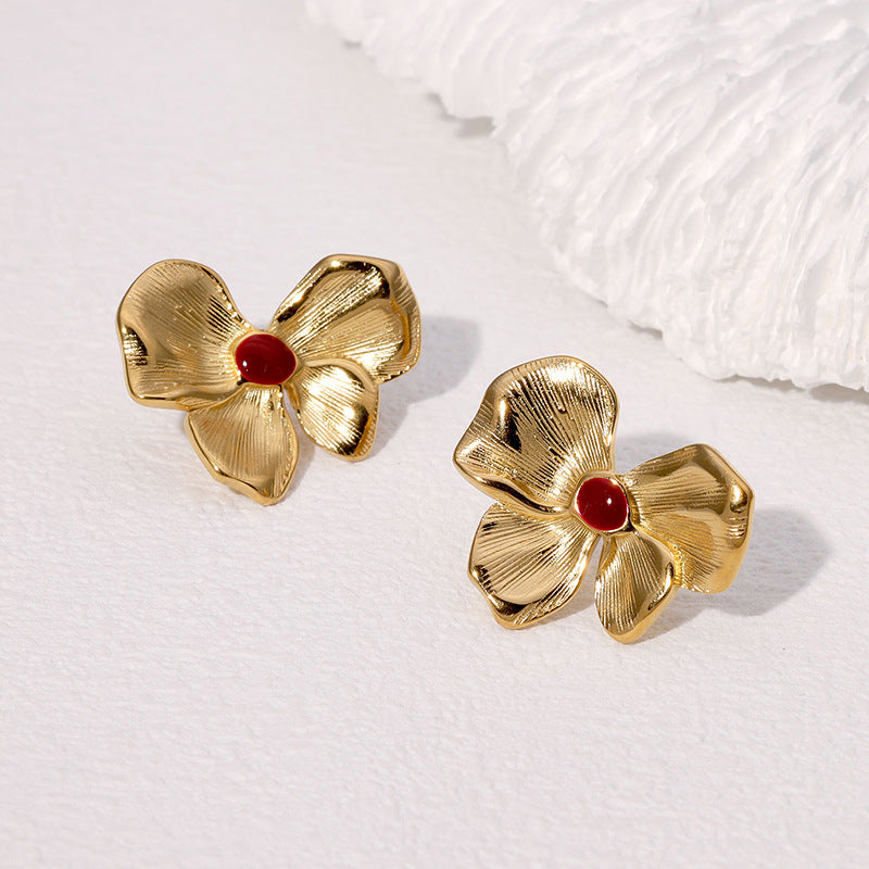 Sweet Elegant 18K Gold Plated Drip Oil Stainless Steel Flower Earrings