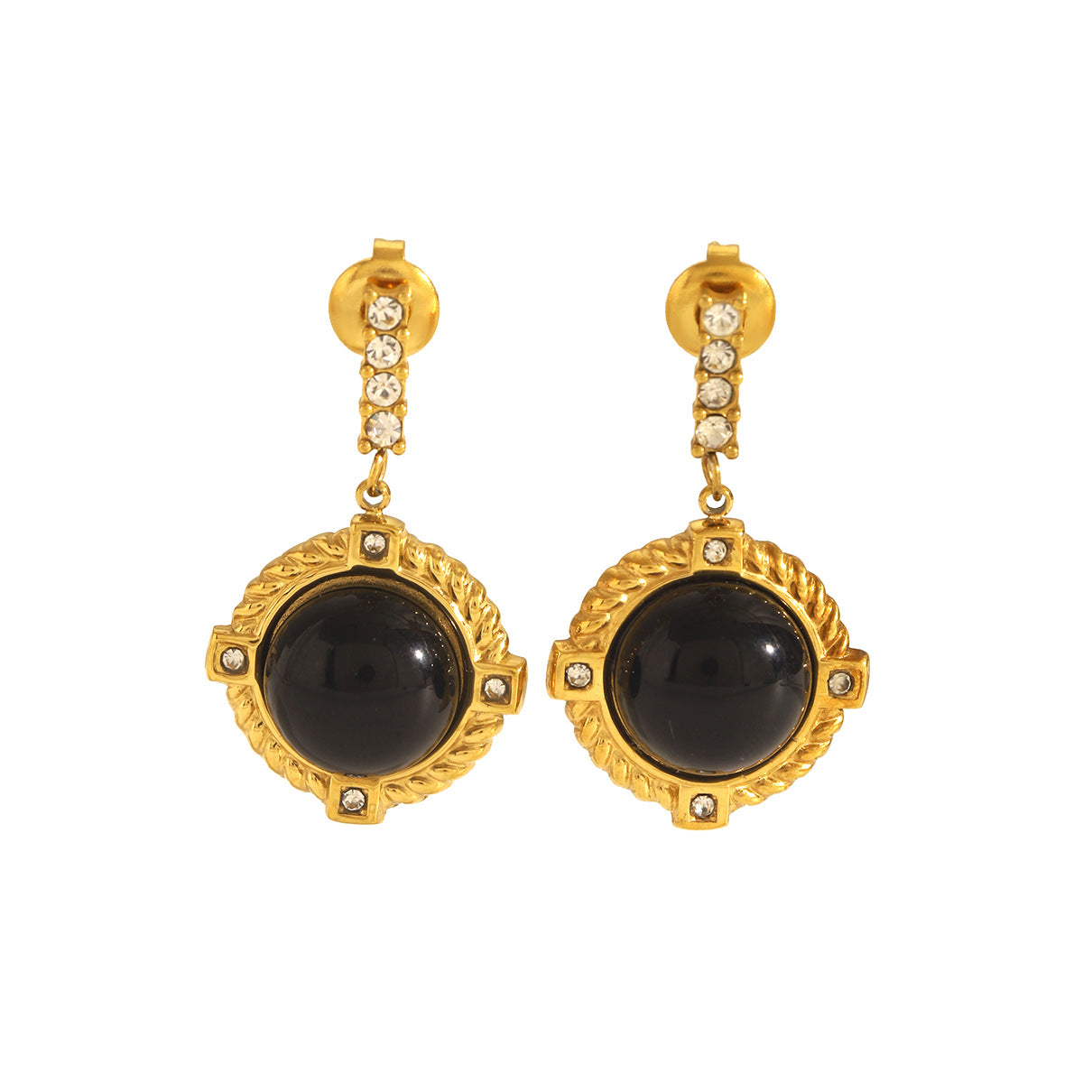 Orecchini a perno con ossidiana nera geometrica stile retrò francese placcati oro 18K su acciaio inossidabile per donna