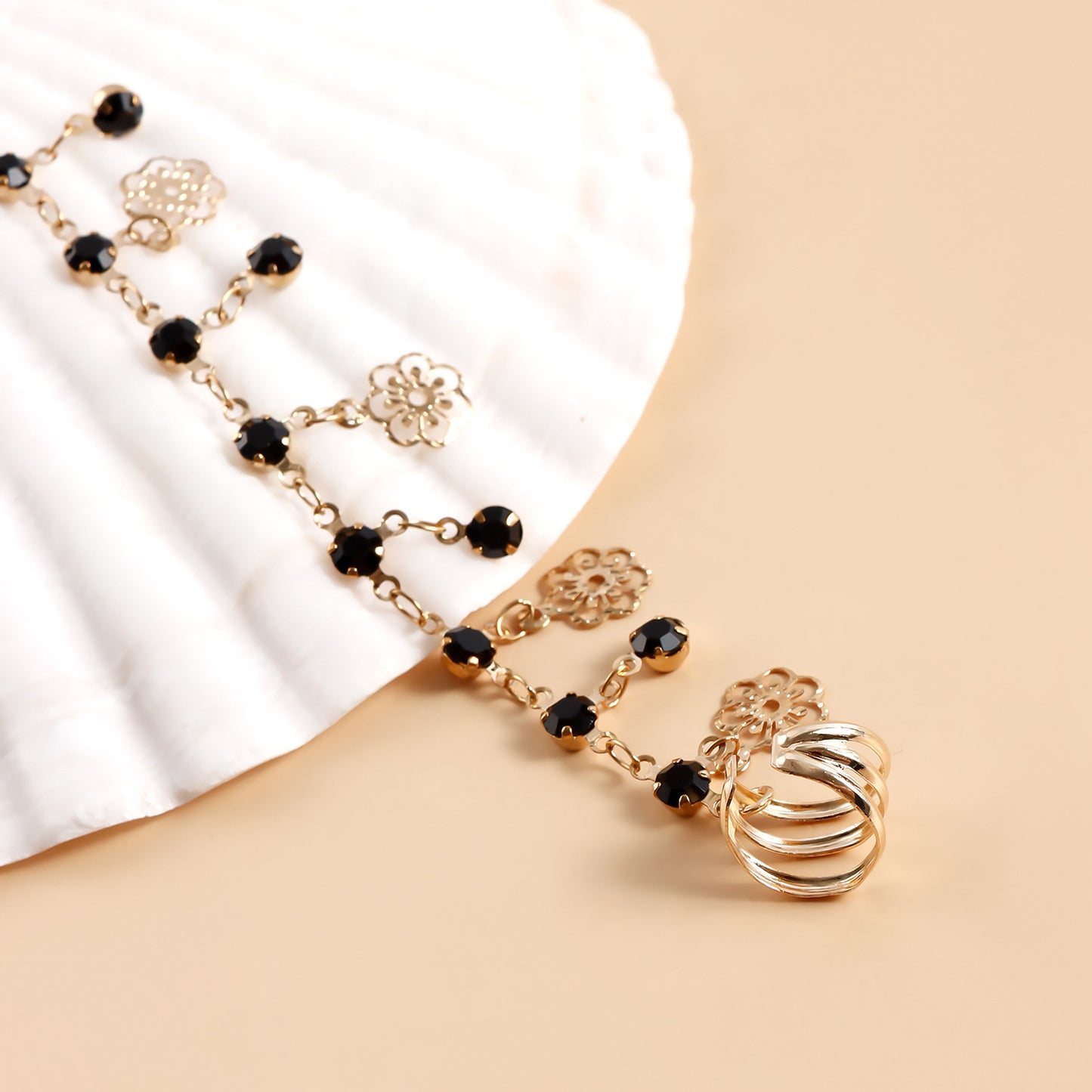 Ethnic Sweet Punk Geometric Metal Plated Nose Ring with Black Crystal Tassel