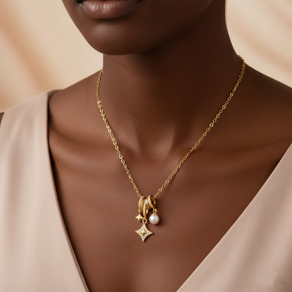 Luxury Heart Geometric Brass Cubic Zirconia Pearl Pendant Necklace for Women