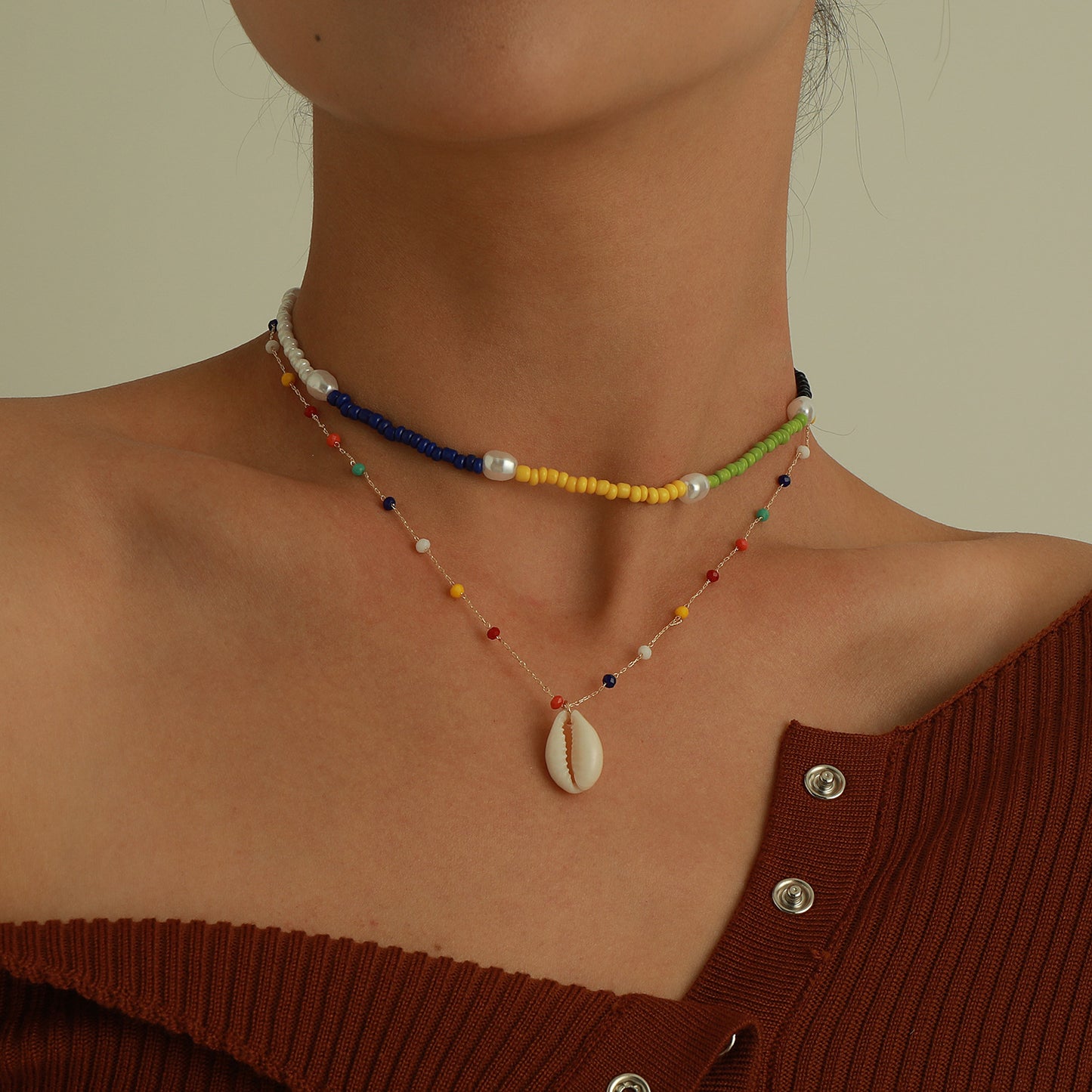Minimalist Geometric Beaded Shell Pendant Necklace for Women with Pearl and Colorful Beads on Ball Chain