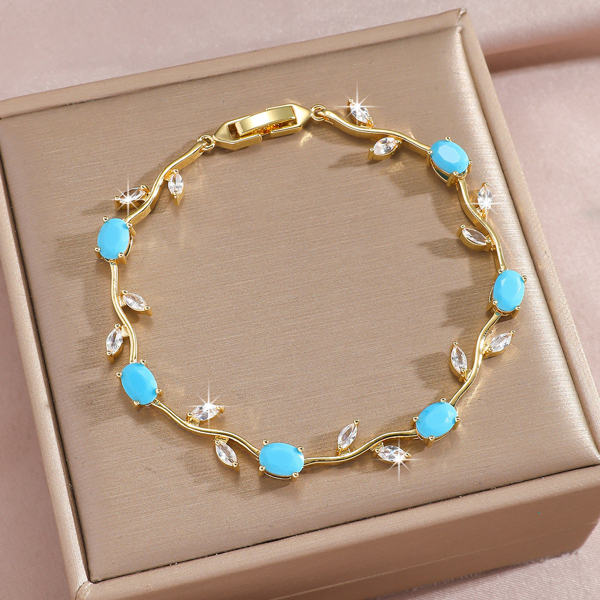 Luxury Gold Plated Brass Leaf Bracelet with Cubic Zirconia Inlay Unisex Floral Design