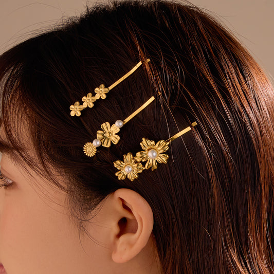 Elegant Floral Hair Clip for Women Made of Stainless Steel with Pearl Inlay, Minimalist Bar Style Hair Accessory