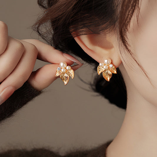 Elegant French Vintage Leaf-Shaped Pearl Stud Earrings for Women with Plated Steel Posts