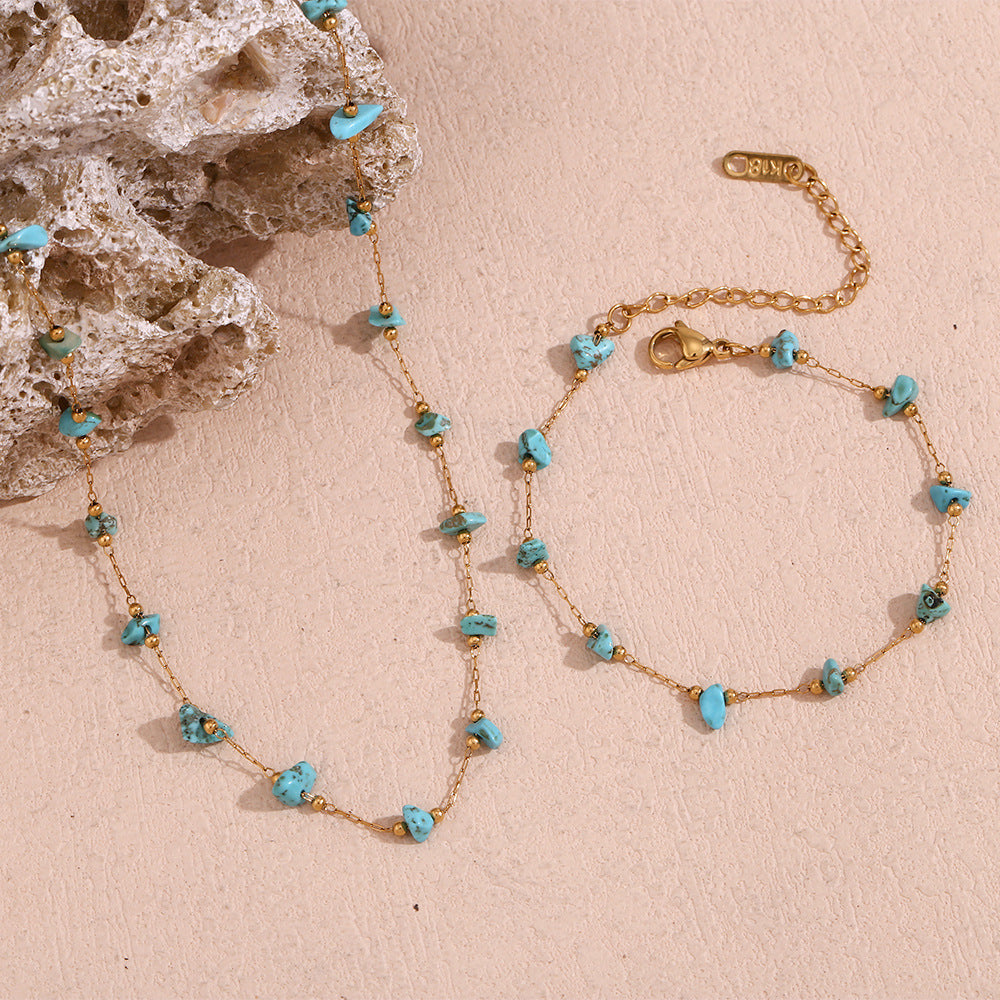 Collana da donna alla moda in acciaio inossidabile con forma geometrica, placcatura in oro 18 carati e intarsio in turchese