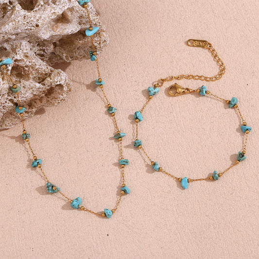 Fashionable Geometric Stainless Steel Necklace with 18K Gold Plating and Turquoise Inlay for Women