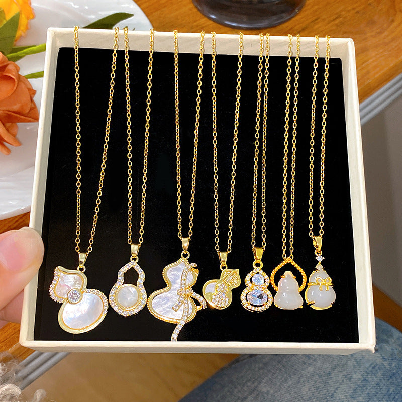 Sweet Minimalist Butterfly Cubic Zirconia & White Shell Gourd Pendant Titanium Steel Necklace for Women