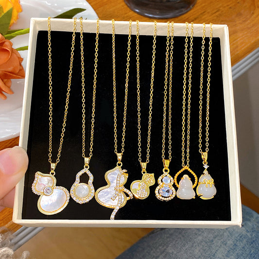Sweet Minimalist Butterfly Cubic Zirconia & White Shell Gourd Pendant Titanium Steel Necklace for Women