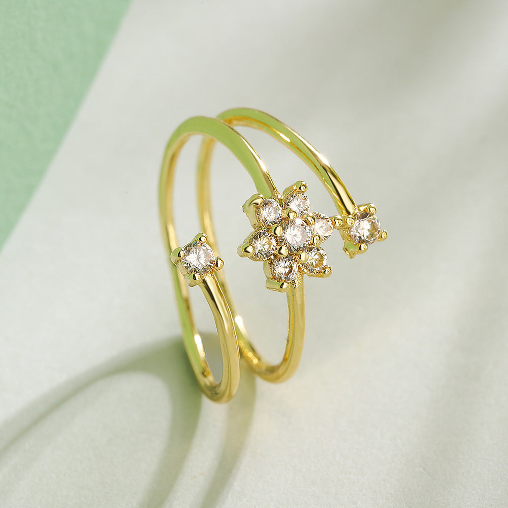 Anello aperto da donna a fiore geometrico minimalista in rame con zirconi micro-pavé