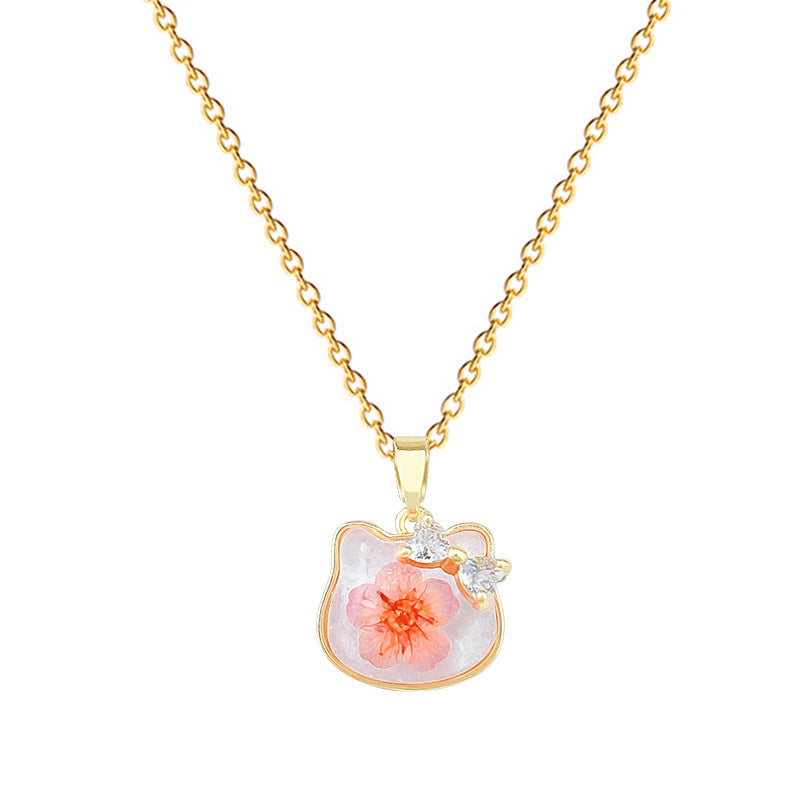 Sweet Geometric Butterfly Floral Resin and Brass Rhinestone Pendant Necklace with Titanium Steel Cable Chain