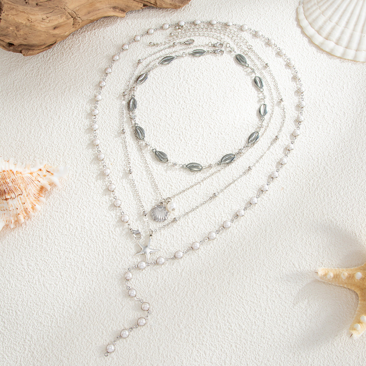 Bohemian Shell Starfish Pearl Rhinestone Zinc Alloy Plated Y-Shape Layered Necklace for Women